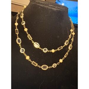 Monet Long Bezel set Sparkling Clear Crystal Gold Tone Layered Necklace Vintage